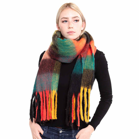 Orange Multi Color Block Tassel Oblong Scarf Oblong Shawl Scarf, accent your look with this soft, highly versatile oblong scarf. A chic look to keep you  warm in fall & winter, classic long scarf is an easy choice to fight against the cold of winter. Perfect Gift Birthday, Christmas, Anniversary, Valentine's Day
