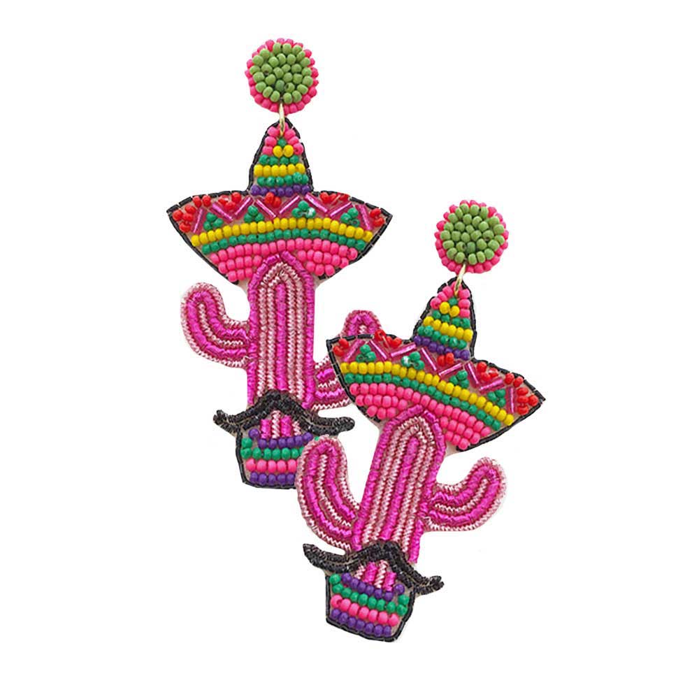 Neon Pink Felt Back Cord Seed Beaded Cactus Dangle Earrings. Take your love for statement accessorizing to a new level of affection with these dangle cactus earrings! Highlight your appearance, grasp everyone's eye in your party. Perfect gift on Christmas, Valentine's Day, Anniversaries as well as birthday for your beloved ones.