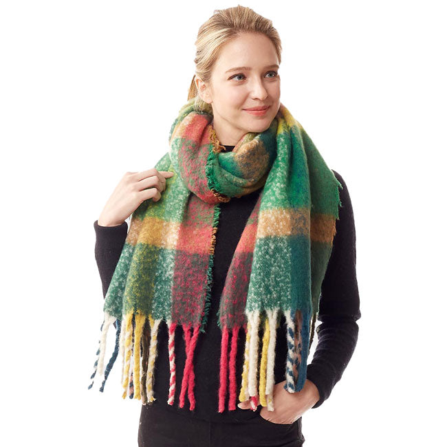 Olive Green Multi Color Plaid Check Fuzzy Oblong Scarf. Abstract Printed Colorful Pattern Stylish Fringe Poncho Outwear Ruana Shawl Cape, the perfect accessory, luxurious, trendy, super soft chic capelet, keeps you warm and toasty. You can throw it on over so many pieces elevating any casual outfit! Perfect Gift for Wife, Mom, Birthday, Holiday, Christmas, Anniversary, Fun Night Out