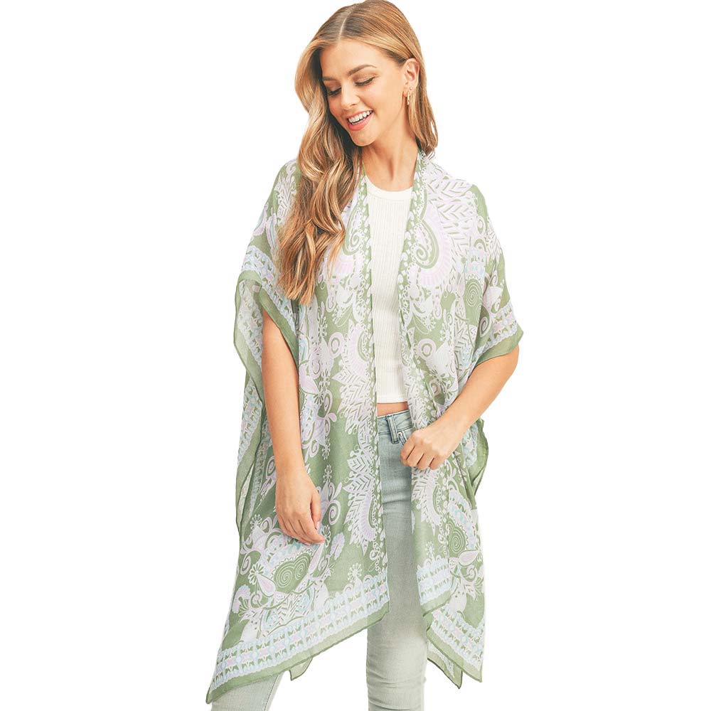Olive Green Bohemian Patterned Cover-Up Kimono Poncho, lightweight poncho top is made of soft and breathable material. short sleeve swimsuit cover-up with an open front design, simple basic style, easy to put on and down. Perfect Gift for Wife, Mom, Birthday, Holiday, Anniversary, or Fun Night O