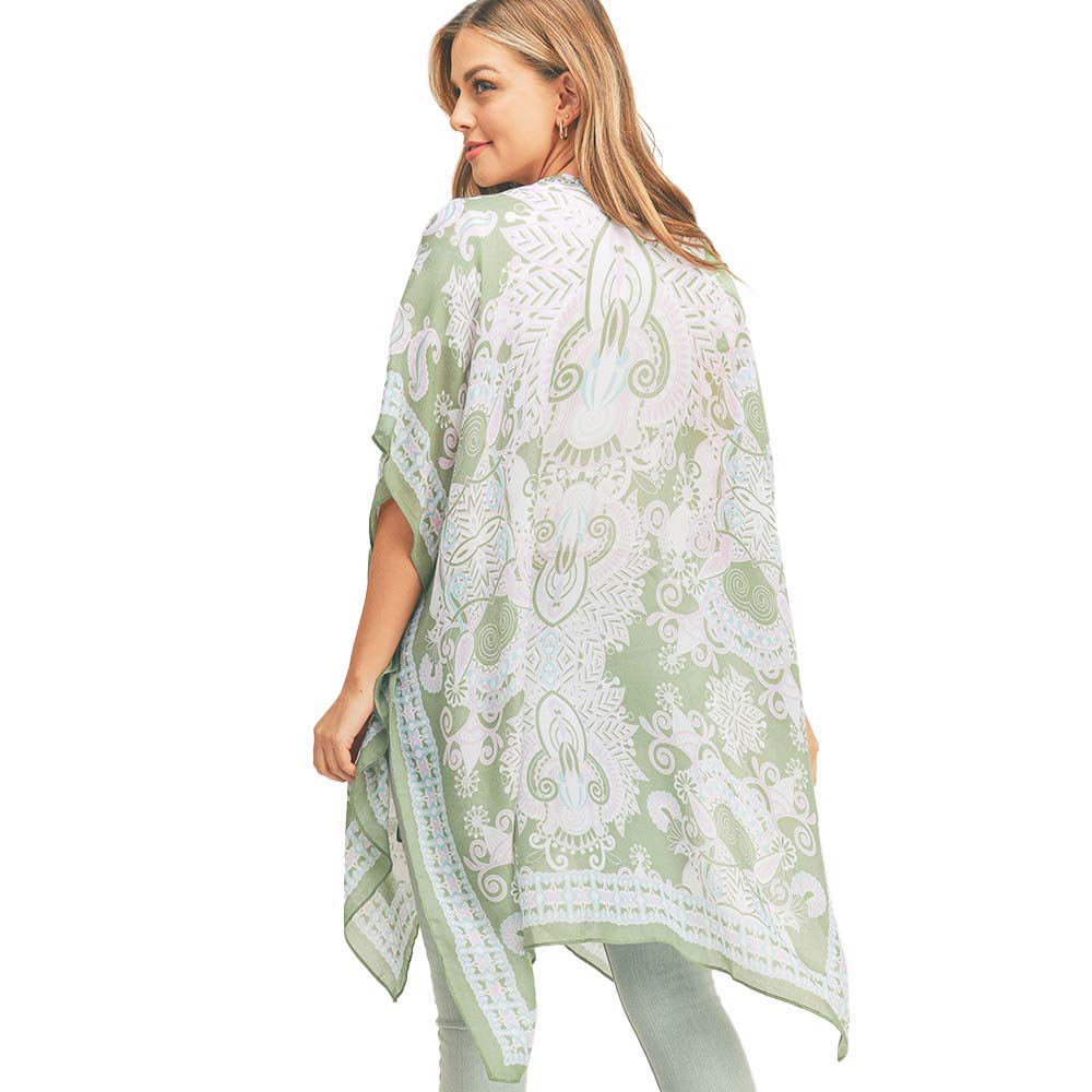 Olive Green Bohemian Patterned Cover-Up Kimono Poncho, lightweight poncho top is made of soft and breathable material. short sleeve swimsuit cover-up with an open front design, simple basic style, easy to put on and down. Perfect Gift for Wife, Mom, Birthday, Holiday, Anniversary, or Fun Night O