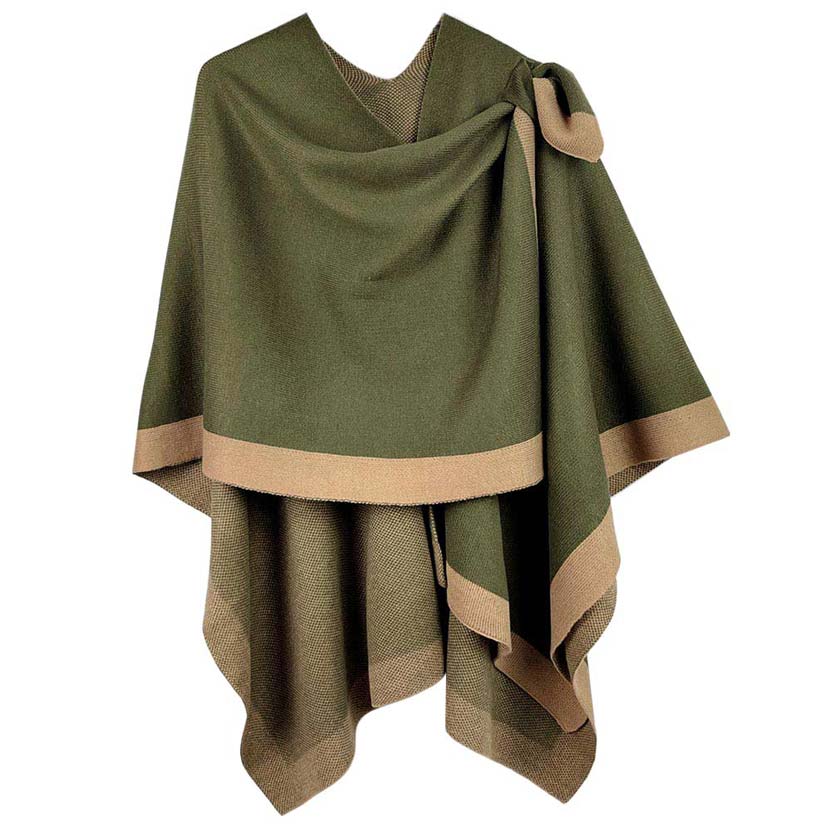 Olive Green Bordered Ruana With Shoulder Strap, is beautifully designed with a border and shoulder strap that will absolutely accent your outlook to a greater extent and keeps you warm and comfortable on cold days. The shoulder strap is so unique and attractive that will surely make you stand out with a unique yet trendy style. It will keep you perfectly warm and toasty everywhere saving you from cold and chill on the outside.