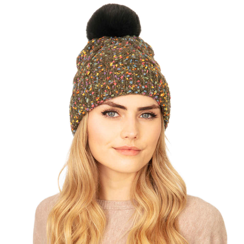 Olive Green Confetti Cable Knit Pom Pom Beanie Warm Winter Hat; reach for this classic toasty hat to keep you nice n warm in the chilly winter weather, the wintry touch finish to your outfit. Perfect Gift Birthday, Christmas, Holiday, Anniversary, Stocking Stuffer, Secret Santa, Valentine's Day, Loved One, BFF