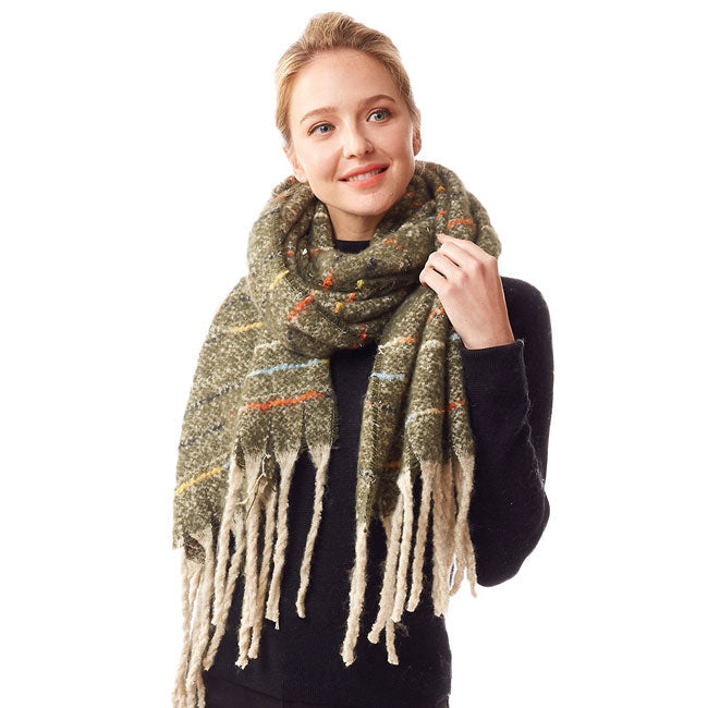 Olive Green Glitz Colorful Stitch Fuzzy Oblong Scarf, Accent your look with this soft, highly versatile scarf. Great for daily wear in the cold winter to protect you against chill, classic infinity-style scarf & amps up the glamour with plush material that feels amazing snuggled up against your cheeks.
