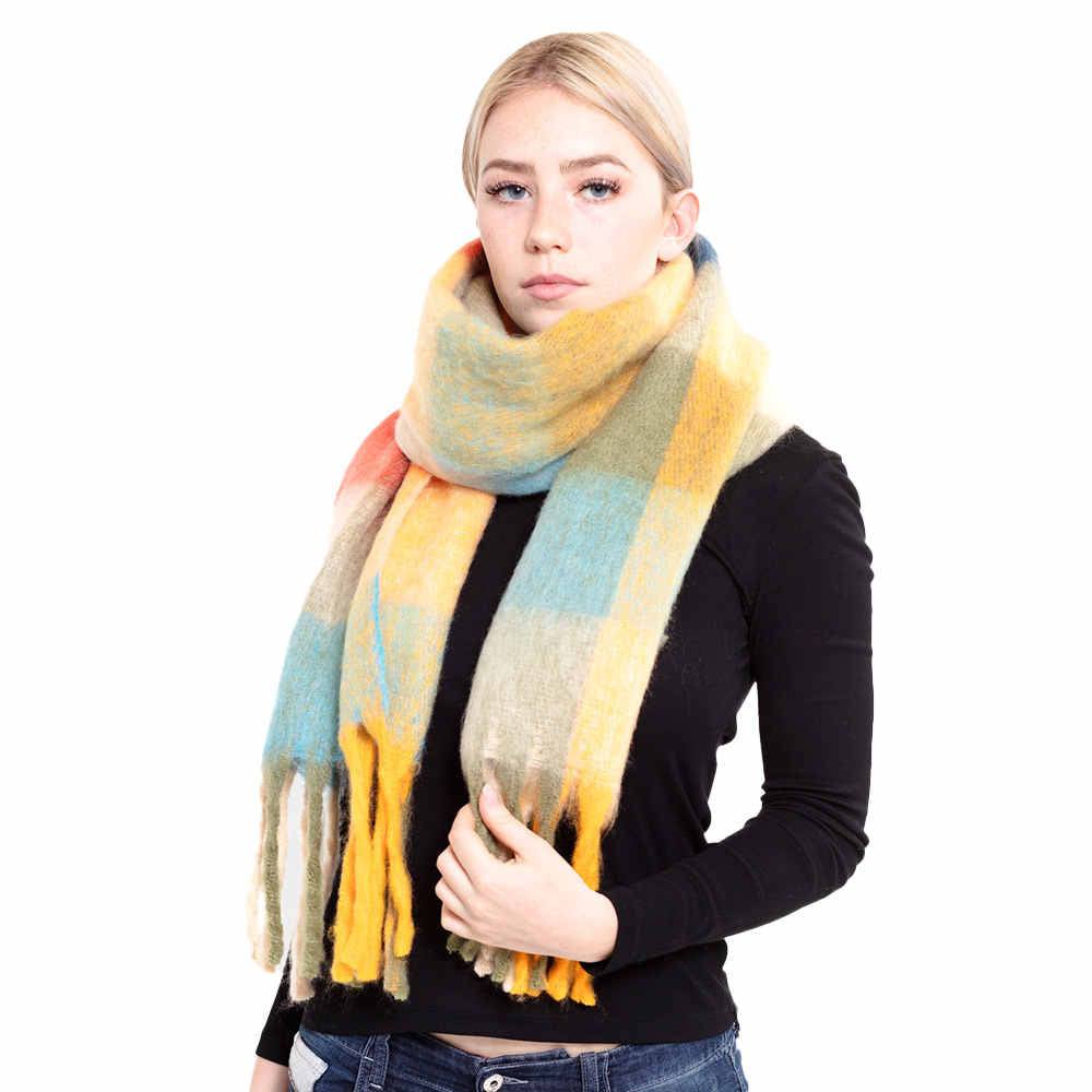 Olive Multi Color Block Tassel Oblong Scarf Oblong Shawl Scarf, accent your look with this soft, highly versatile oblong scarf. A chic look to keep you  warm in fall & winter, classic long scarf is an easy choice to fight against the cold of winter. Perfect Gift Birthday, Christmas, Anniversary, Valentine's Day