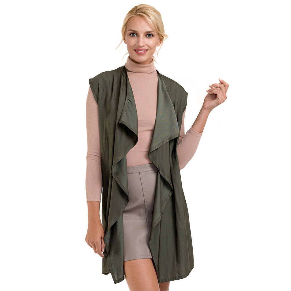 Olive Green Waterfall Lapel Satin Vest, Luxurious, trendy, super soft chic capelet, keeps you warm and toasty. You can throw it on over so many pieces elevating any casual outfit! Perfect Gift for Wife, Birthday, Holiday, Christmas, Anniversary, Fun