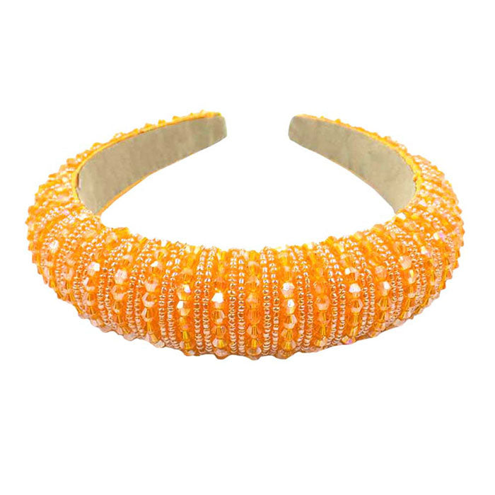 Orange Bicone Beaded Padded Headband, sparkling placed on a wide padded headband making you feel extra glamorous especially when crafted from bicone beaded velvet. Push back your hair with this pretty plush headband, spice up any plain outfit! Be ready to receive compliments. Be the ultimate trendsetter wearing this chic headband with all your stylish outfits! 