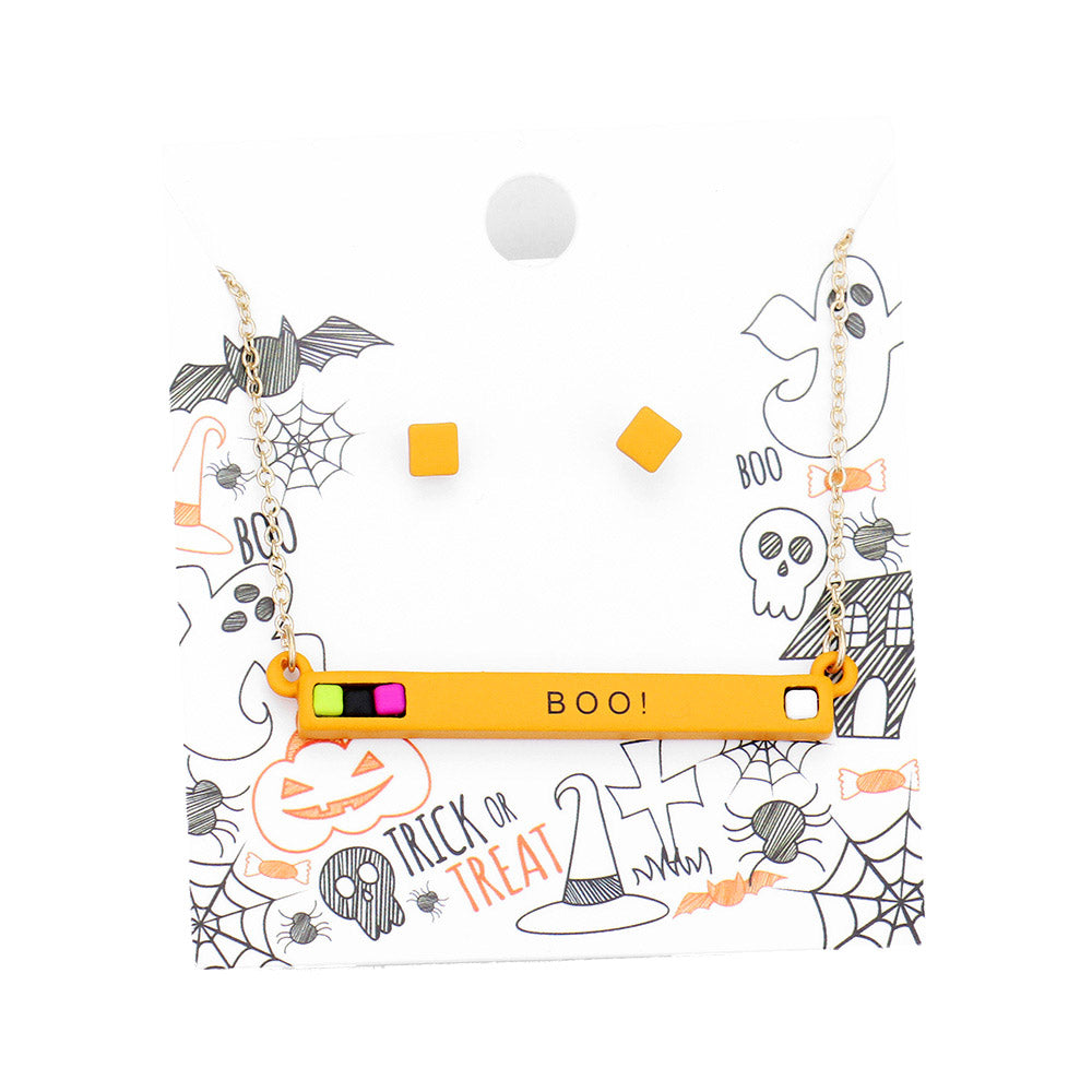 Orange Boo Cube Resin Pendant Necklace Halloween Boo Necklace Earring Set Dainty Boo Necklace Orange Halloween Necklace Halloween Jewelry