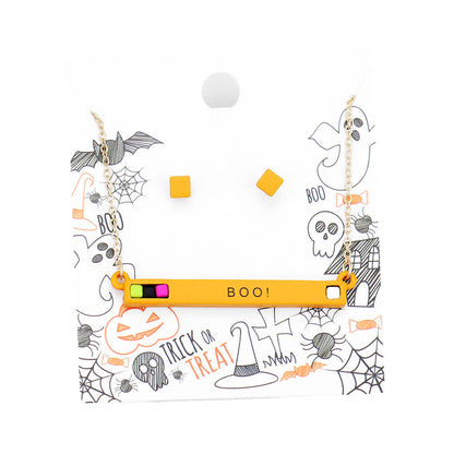 Orange Boo Cube Resin Pendant Necklace Halloween Boo Necklace Earring Set Dainty Boo Necklace Orange Halloween Necklace Halloween Jewelry