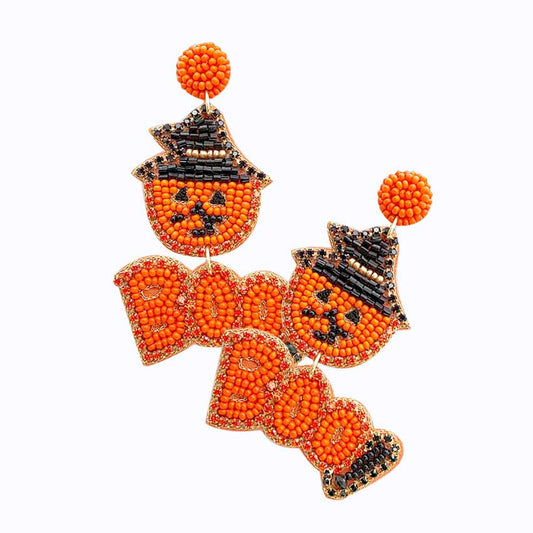 Orange Halloween Boo Message Beaded Dangle Earrings Share the spirit of Halloween with extra Triple Pumpkin Dangle Earrings . These earrings are just the thing you need to complete your Halloween costume! Let the spooky season begin! Happy Halloween!