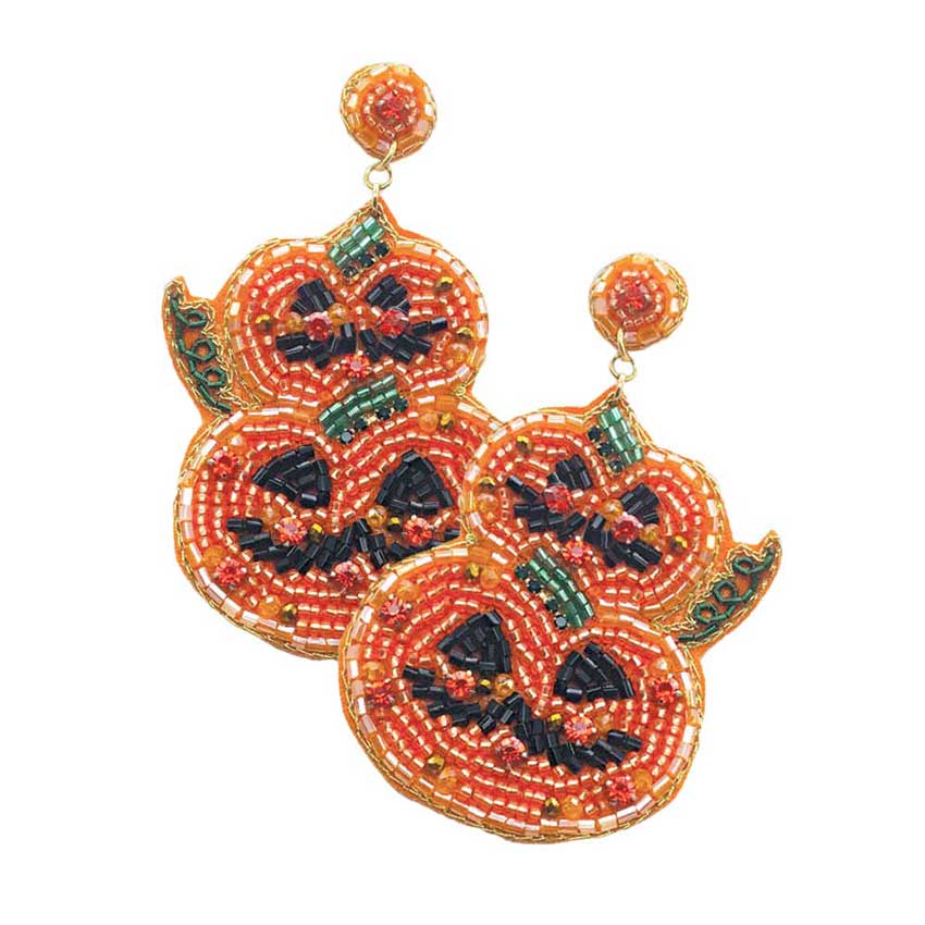 Orange Felt Back Halloween Pumpkin Beaded Dangle Earrings Show off your Halloween spirit with these beaded pumpkin earrings! These dangly little drops feature a felt back and plenty of fun, seasonal charm. The perfect way to Halloween-up your look -- no more boring outfits this year!