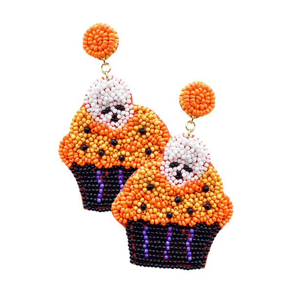 Orange Felt Back Halloween Skull Cupcake Beaded Dangle Earrings. Show your spirit with these skull cupcake dangle Halloween Earrings! Carry the spirit of Halloween with you wherever you go.The colors are vibrant and the design is a seasonal delight. This earrings can be worn for Halloween parties, cosplay, costume party, display, birthday, events, festivals, and so on, also nice for festive decorations gifts for your friend's and families.