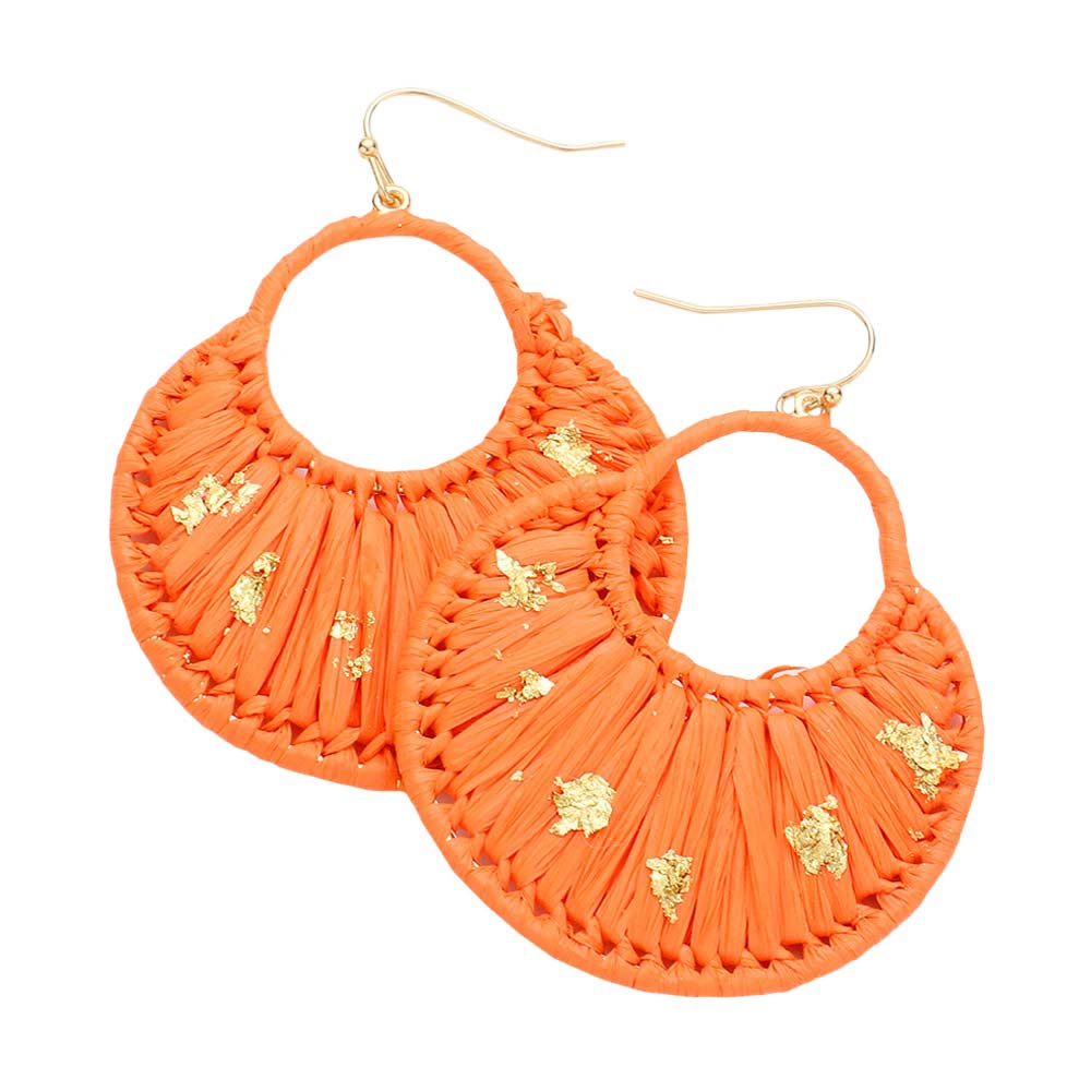 orange Gold Paint Splash Raffia Wrapped Dangle Earrings, enhance your attire with these beautiful raffia-wrapped dangle earrings to show off your fun trendsetting style. It can be worn with any daily wear such as shirts, dresses, T-shirts, etc. These dangle earrings will garner compliments all day long. Whether day or night, on vacation, or on a date, whether you're wearing a dress or a coat, these earrings will make you look more glamorous and beautiful.