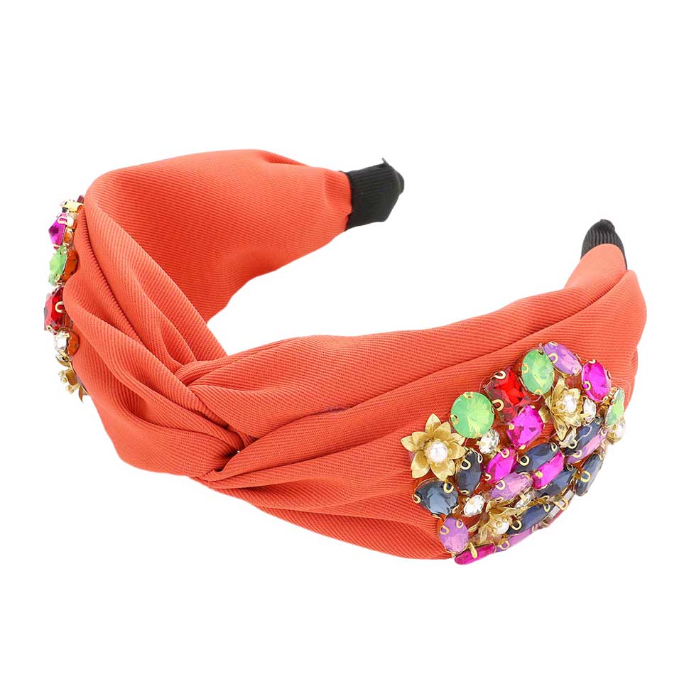 Orange Pearl Centered Flower Multi Stone Twisted Headband, the combination of stone sewn on an oversized headband will make you feel glamorous. Be ready to receive compliments. Be the ultimate trendsetter wearing this chic headband with all your stylish outfits!