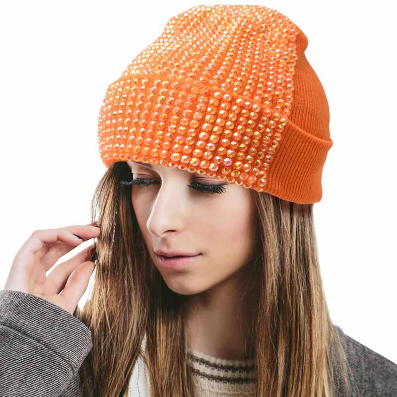 Orange Single Sided Studded Knit Beanie Hat, The beanie hat is made of soft, gentle, skin-friendly, and elastic fabric, which is very comfortable to wear. This Single Sided design is embellished with a shimmering Studded for the ultimate glam look! It provides warmth to your head and ears, protects you from the wind, chill & cold weather, and becomes your ideal companion in autumn and winter. Suitable for wearing for a variety of outdoor activities.