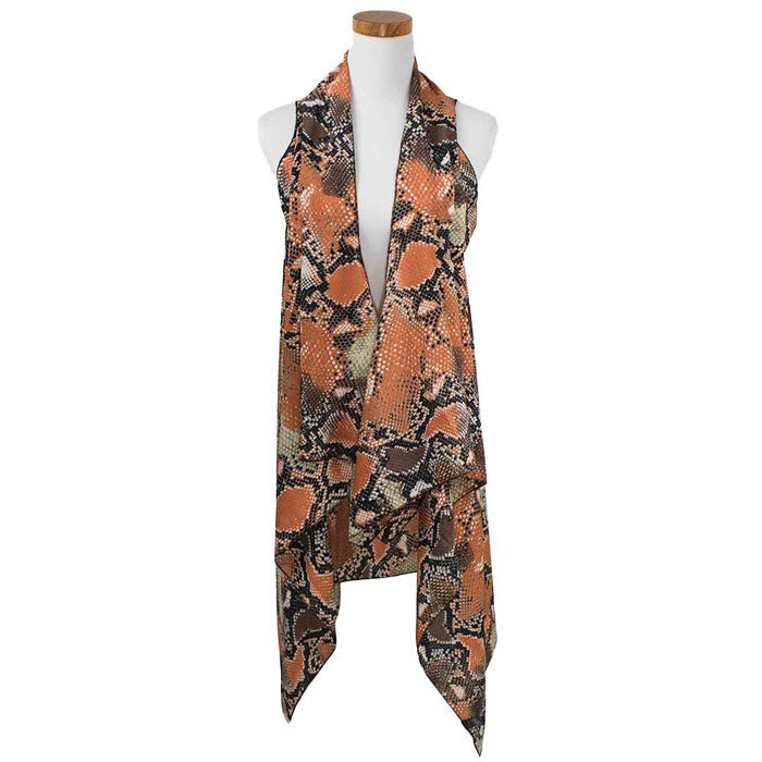 Orange Snake Skin Pattern Scarf Vest Poncho, on trend & fabulous, a luxe addition to any cold-weather ensemble. The perfect accessory, luxurious, trendy, super soft chic capelet, keeps you warm and toasty. You can throw it on over so many pieces elevating any casual outfit! Perfect Gift for Wife, Mom, Birthday, Holiday, Anniversary, Fun Night Out.
