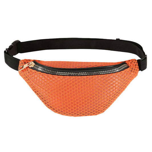 Orange Solid Mesh Fanny Pack. The adjustable lightweight mesh waist pouch features room to carry what you need for those longer walks or trips. It's also a must have for any vacation you plan on taking! The mesh net fanny pack for women could keep all your documents, Phone, Travels, Money, Cards, keys, etc in one compact place, and comfortables located within arm's reach. It can be thrown over the shoulder, across the chest around the waist.