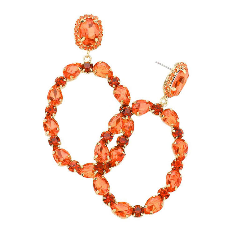 Orange Teardrop Crystal Statement Open Circle Evening Earrings; get into the Christmas spirit with our gorgeous handcrafted Christmas earrings, they will dangle on your earlobes & bring a smile to those who look at you. Perfect Gift December Birthdays, Christmas, Stocking Stuffers, Secret Santa, BFF, etc