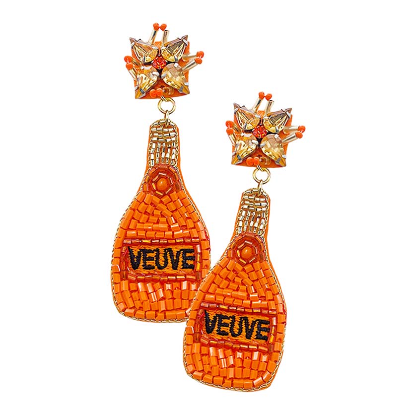 Orange Veuve Felt Back Beaded Champagne Dangle Earrings, are nicely designed to show your unique & beautiful outlook with these fruit-themed champagne dangle earrings. Wear these beautiful Veuve message earrings to get immediate compliments. Highlight your appearance and grasp everyone's eye at any place. Enhance your attire with these beautiful food-themed felt-back beaded earrings to show off your fun trendsetting style.