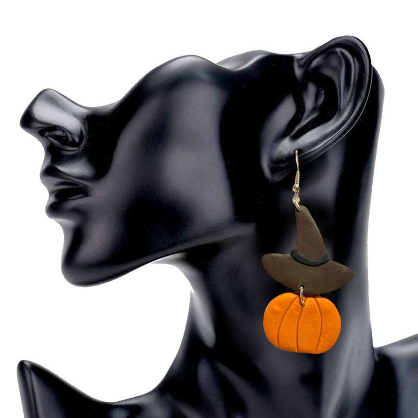 Orange Witch Hat Pumpkin Polymer Clay Dangle Earrings.Beautifully crafted design adds a gorgeous glow to any outfit with Halloween theme. Get into the Halloween spirit with our gorgeous  dangle earrings, Bright design with Fruits themed colors and pattern will the perfect choice to your Halloween costumes. Ideal gift for you loved ones, girlfriend, wife, daughter, sisters, share with your family on Halloween.