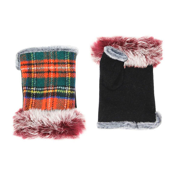Orange Plaid Fingerless Faux Fur Trim Gloves, Eye-catching, classic tartan fingerless gloves, protect your hands from the cold all-season long. Warm Comfy Stylish open finger classy modish gloves faux fur trim, perfect for using your smart phone. Christmas Gift, Cold Weather, Birthday Gift, Holiday Gift, Regalo Navidad