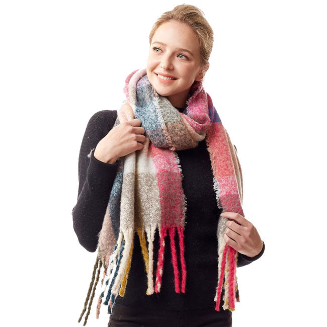 Pink Multi Color Plaid Check Fuzzy Oblong Scarf. Abstract Printed Colorful Pattern Stylish Fringe Poncho Outwear Ruana Shawl Cape, the perfect accessory, luxurious, trendy, super soft chic capelet, keeps you warm and toasty. You can throw it on over so many pieces elevating any casual outfit! Perfect Gift for Wife, Mom, Birthday, Holiday, Christmas, Anniversary, Fun Night Out