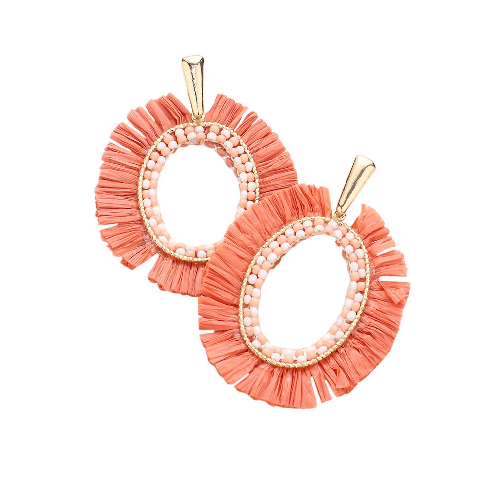 Peace Raffia Trimmed Open Oval Dangle Earrings, enhance your attire with these beautiful open oval dangle earrings to show off your fun trendsetting style. Can be worn with any daily wear such as shirts, dresses, T-shirts, etc. These raffia dangle earrings will garner compliments all day long. Whether day or night, on vacation, or on a date, whether you're wearing a dress or a coat, these earrings will make you look more glamorous and beautiful.