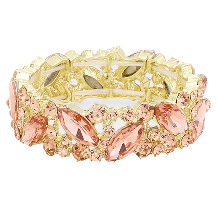 Peach Crystal Glass Marquise Evening Stretch Bracelet. This Crystal Evening Stretch Bracelet sparkles all around with it's surrounding, stretch bracelet that is easy to put on, take off and comfortable to wear. It looks modern and is just the right touch to set off. Perfect jewelry to enhance your look. Awesome gift for birthday, Anniversary, Valentine‚Äôs Day or any special occasion.