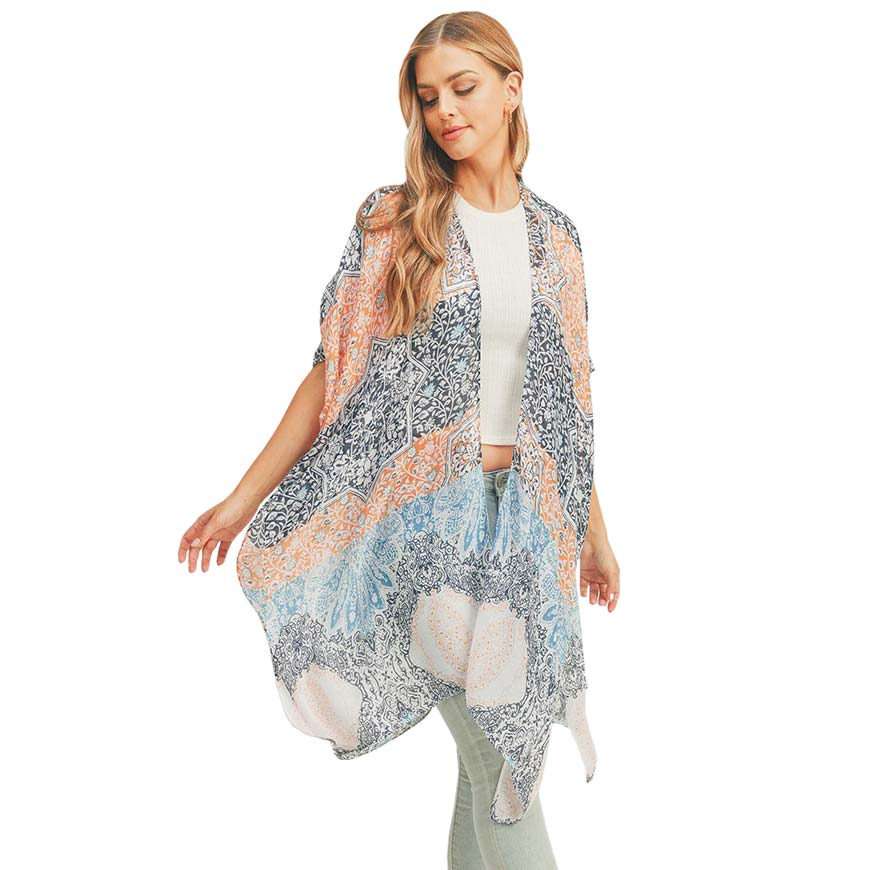 Peach Floral Leaf Patterned Cover Up Kimono Poncho, Absolutely fab for this summer & spring season to amp up your attire & make you comfortable in dressing up. These kimonos feature a floral leaf pattern that is easy to pair with so many tops. Lightweight and breathable fabric, comfortable to wear. Suitable for weekends, work, holidays, beach, parties, clubs, nights, evenings, dates, casual and other occasions