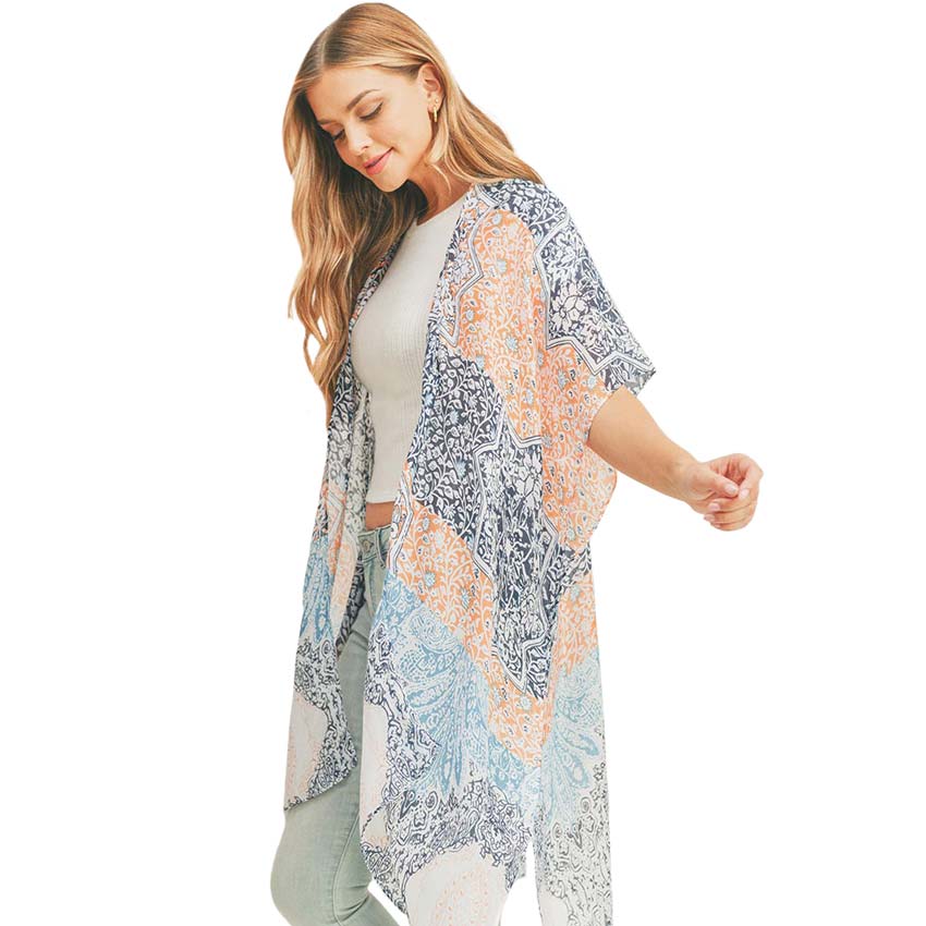 Peach Floral Leaf Patterned Cover Up Kimono Poncho, Absolutely fab for this summer & spring season to amp up your attire & make you comfortable in dressing up. These kimonos feature a floral leaf pattern that is easy to pair with so many tops. Lightweight and breathable fabric, comfortable to wear. Suitable for weekends, work, holidays, beach, parties, clubs, nights, evenings, dates, casual and other occasions