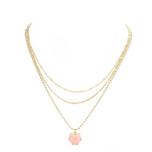 Peach Heart Pendant Triple Layered Necklace, This beautiful heart-themed necklace is the ultimate representation of your class & beauty. Get ready with these Pendant Necklaces to put on a pop of color to complete your ensemble in perfect style. Perfect for adding just the right amount of shimmer & shine and a touch of class to any event or occasion. Absolutely an excellent gift for your friends, family, and the persons you love and care about the most.