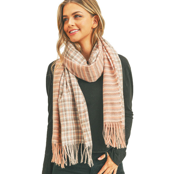 Peach Houndstooth Chevron Two Patterns Scarf. This lightweight scarf features a traditional design. It's a design that gives any outfit a unique look. The two patterns shape makes this scarf a versatile choice that can be worn in many ways. It'll definitely become a favorite in your accessories collection. Luxurious fabric will add a bold, modern statement to any wardrobe. Suitable for Holiday, Casual or any Occasions in Spring, Summer and Autumn.