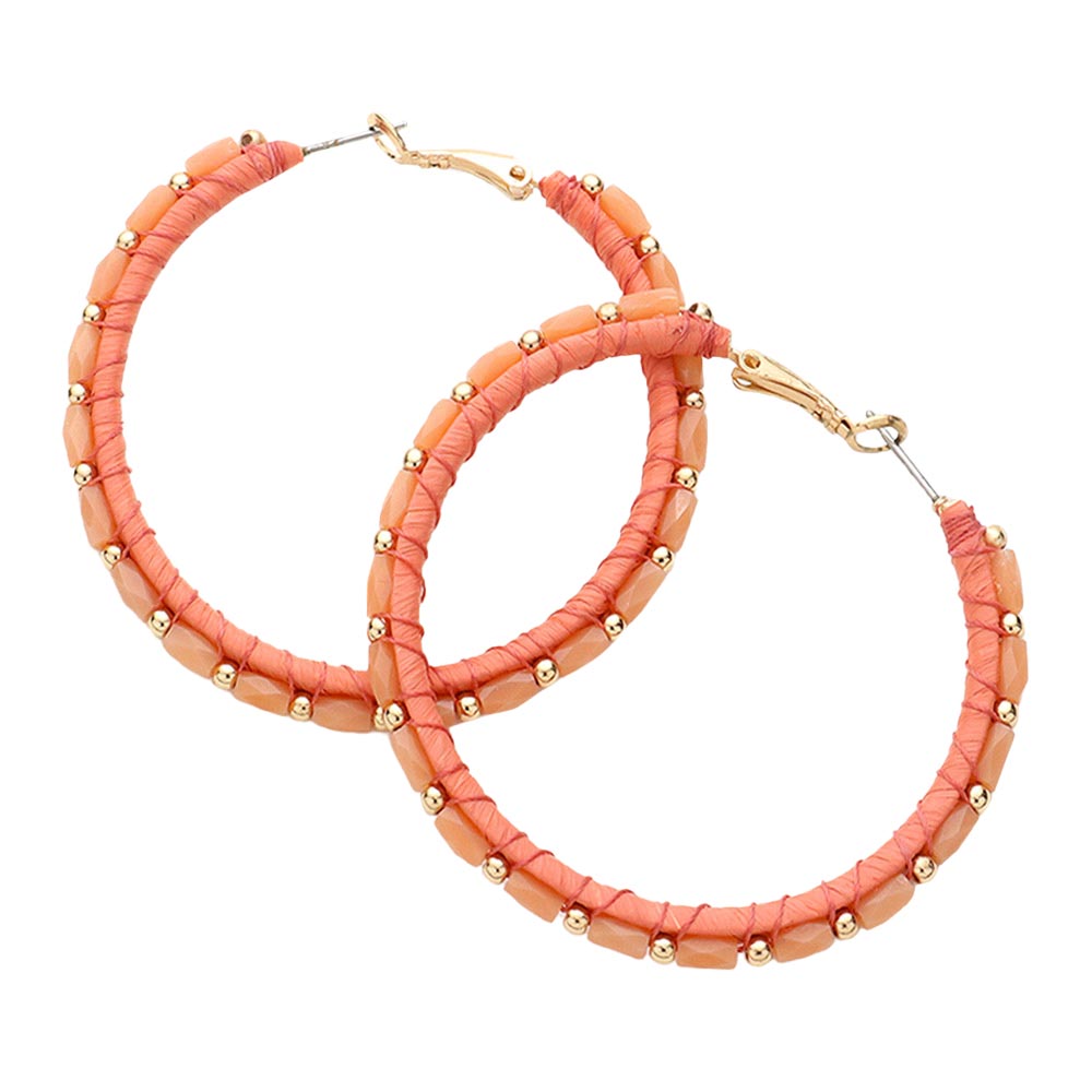 Peach Metal Ball Rectangle Bead Trimmed Raffia Hoop Earrings, enhance your attire with these beautiful raffia earrings to show off your fun trendsetting style. Get a pair as a gift to express your love for any woman person or for just for you on birthdays, Mother’s Day, Anniversary, Holiday, Christmas, Parties, etc.