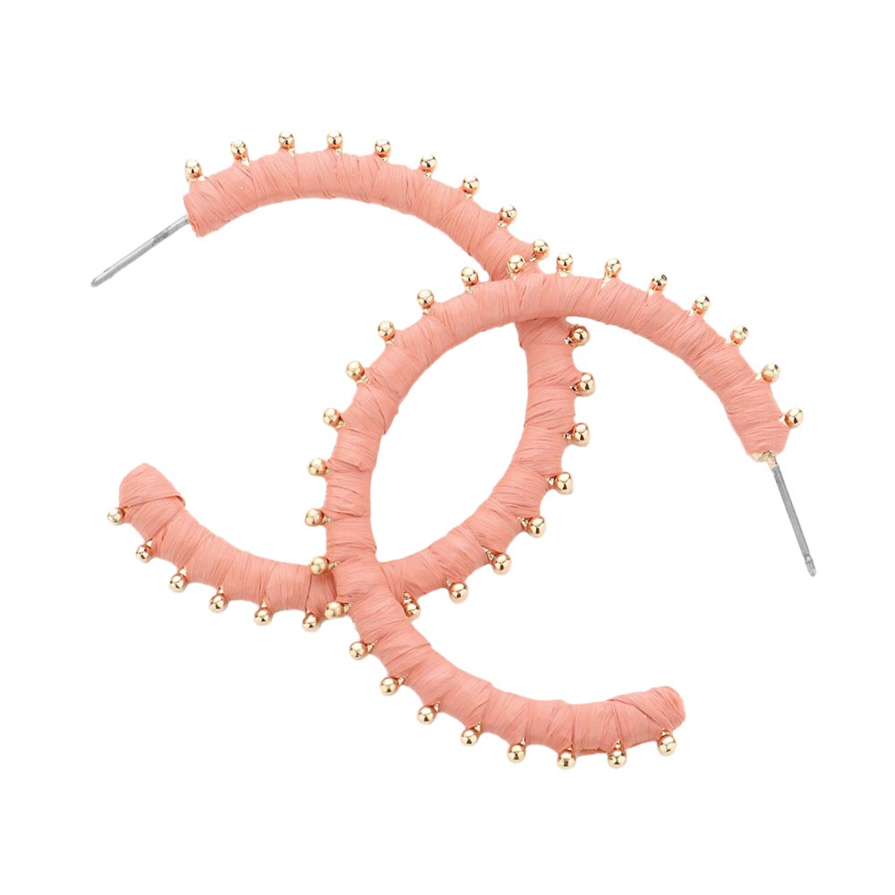 Peach Metal Ball Trimmed Raffia Wrapped Hoop Earrings, enhance your attire with these beautiful raffia earrings to show off your fun trendsetting style. Get a pair as a gift to express your love for any woman person or for just for you on birthdays, Mother‚Äö√Ñ√¥s Day, Anniversary, Holiday, Christmas, Parties, etc.