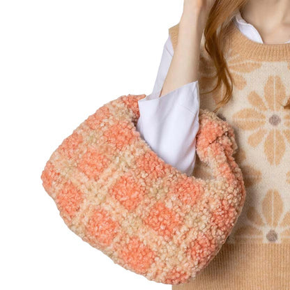 Peach Plaid Check Patterned Sherpa Tote Bag, is a cute and beautiful tote bag that enriches your accessory collection and amps up your outlook with a beautiful plaid check pattern. It perfectly goes with any outfit in any style. Easy to carry and keep your handy items safe and secure.