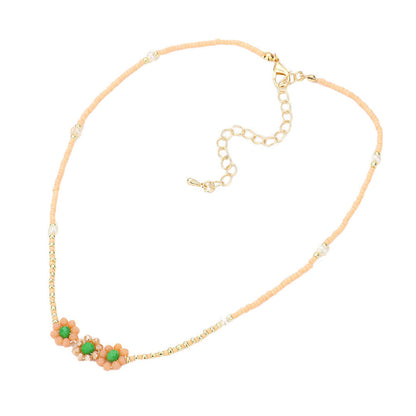 Peach Triple Flower Accented Freshwater Pearl Station Necklace, Get ready with these Pearl Necklace, put on a pop of color to complete your ensemble. Perfect for adding just the right amount of shimmer & shine and a touch of class to special events. Perfect Birthday Gift, Anniversary Gift, Valentine's Day Gift.