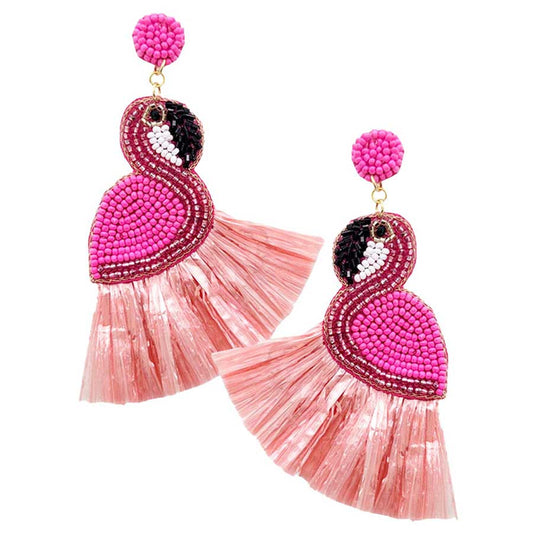 Pink Felt Back Raffia Fringe Beaded Flamingo Dangle Earrings. Beautifully crafted design adds a gorgeous glow to any outfit. Jewelry that fits your lifestyle! Perfect Birthday Gift, Anniversary Gift, Mother's Day Gift, Graduation Gift, Prom Jewelry, Just Because Gift, Thank you Gift