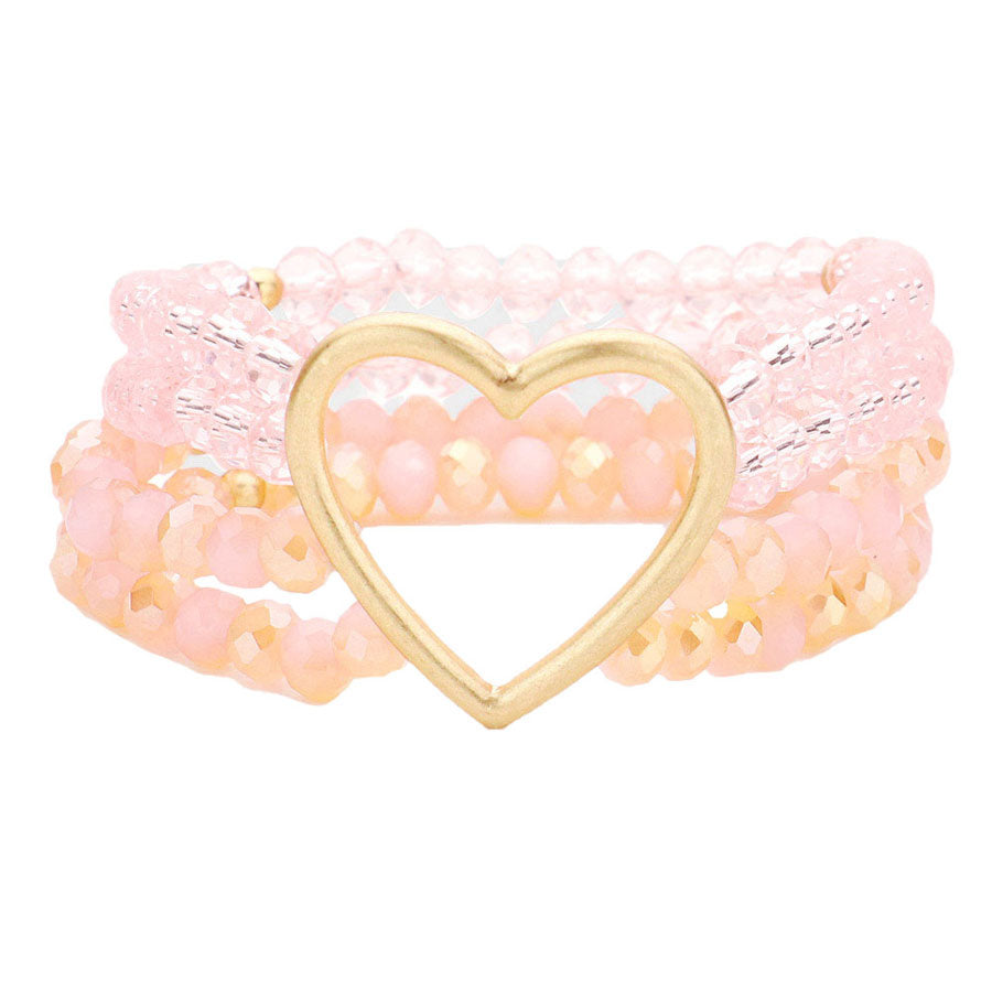 Pink Open Metal Heart Accented Multi Layered Faceted Beaded Stretch Bracelet. Beautifully crafted design adds a gorgeous glow to any outfit. Jewelry that fits your lifestyle! Perfect Birthday Gift, Anniversary Gift, Mother's Day Gift, Anniversary Gift, Graduation Gift, Prom Jewelry, Just Because Gift, Thank you Gift.