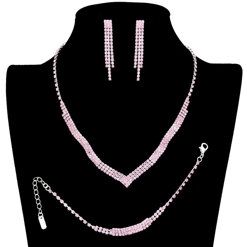 Pink 3PCS 3Rows Crystal Rhinestone Necklace Jewelry Set. These gorgeous Rhinestone pieces will show your class in any special occasion. The elegance of these Crystal goes unmatched, great for wearing at a party! . Perfect for adding just the right amount of glamour and sophistication to important occasions. These classy necklaces are perfect for Party, Wedding and Evening. Awesome gift for birthday, Anniversary, Valentine’s Day or any special occasion.