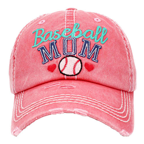 Pink Baseball MOM Vintage Baseball Cap. Fun cool Mother Sports themed vintage cap. Perfect for walks in sun, great for a bad hair day. The distressed frayed style with faded color gives it an awesome vintage look. Soft textured, embroidered message with fun statement will become your favorite cap.