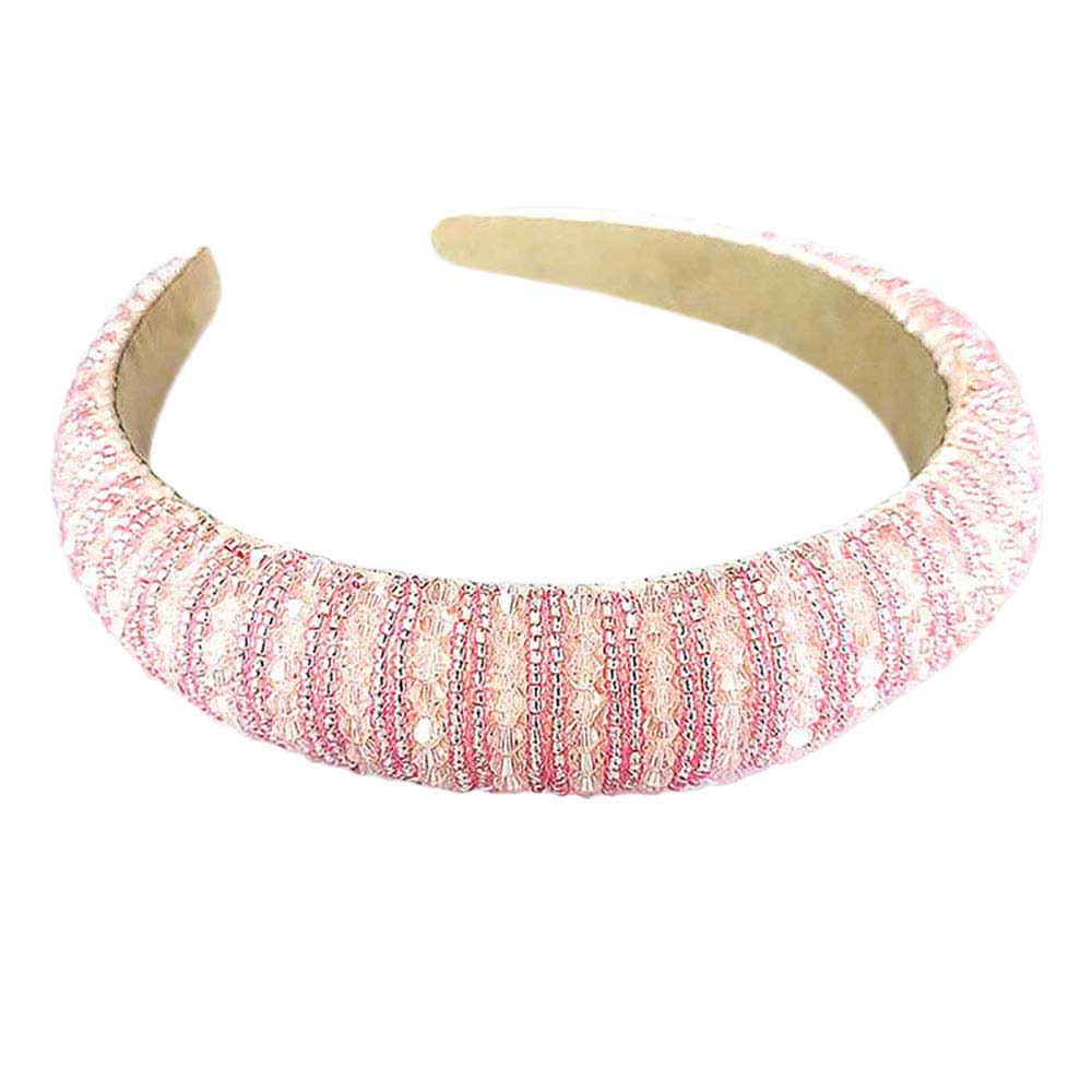 Pink Bicone Beaded Padded Headband, sparkling placed on a wide padded headband making you feel extra glamorous especially when crafted from bicone beaded velvet. Push back your hair with this pretty plush headband, spice up any plain outfit! Be ready to receive compliments. Be the ultimate trendsetter wearing this chic headband with all your stylish outfits!