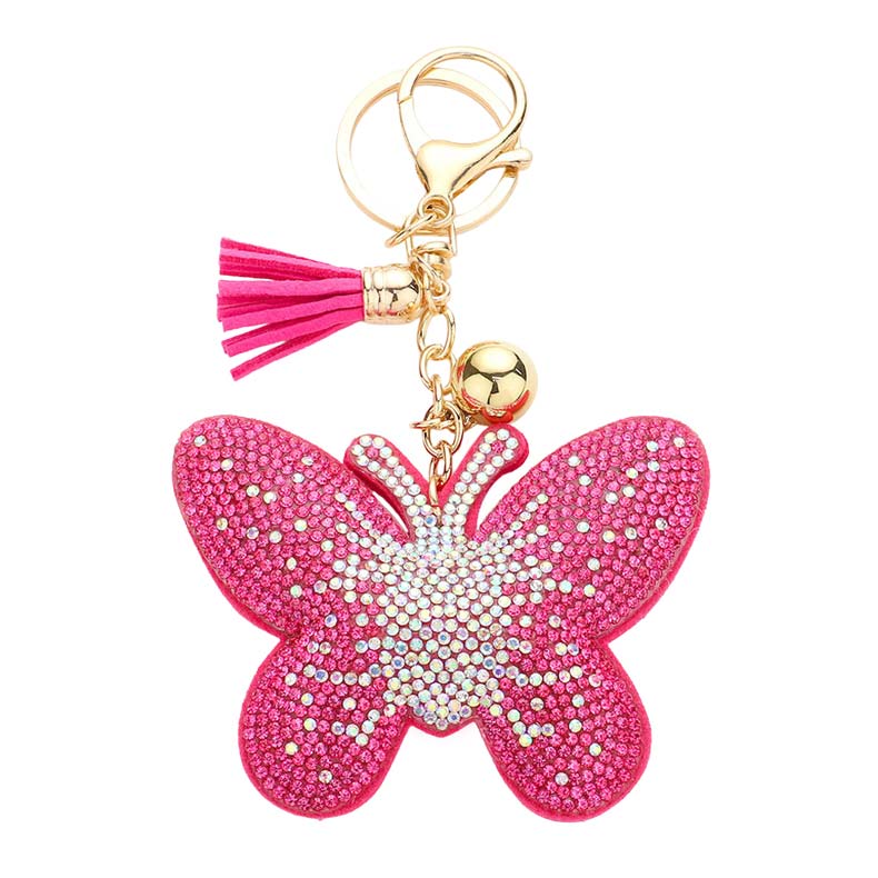 Pink Bling Butterfly Tassel Keychain, is nicely designed with a butterfly theme that is eye-catchy & easily found from anywhere. Made from tassel & stones. A perfect gift accessory for persons who love butterflies. An attractive addition to your handy stuff.  Make your close ones feel special with this keychain.