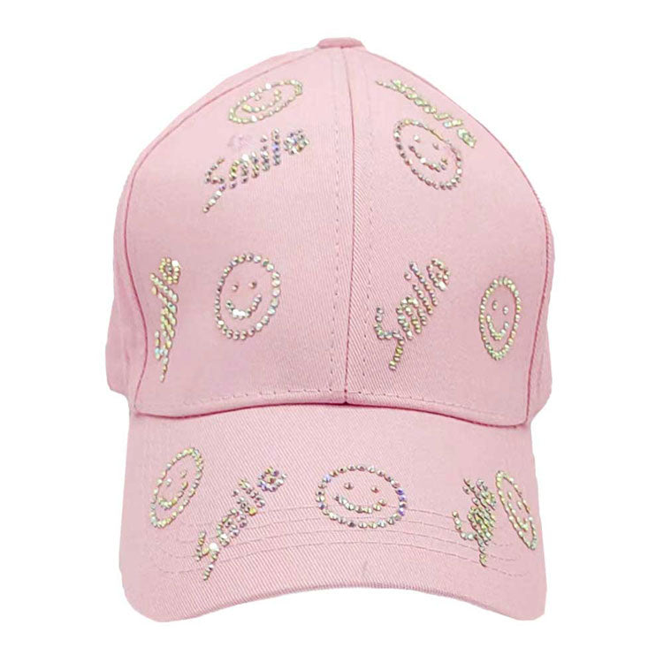 Pink Bling Smile Message Smile Face Patterned Baseball Cap, show your trendy side with this smile themed baseball cap Make You More Attractive And Charming Among The Crowd. Have fun and look Stylish. Great for covering up when you are having a bad hair day and still looking cool. Perfect for protecting you from the sun, rain, wind, snow on outdoor activities and You Protect Your Skin From Harmful Uv Rays And Keep Your Hair Away From Your Face And Eyes.