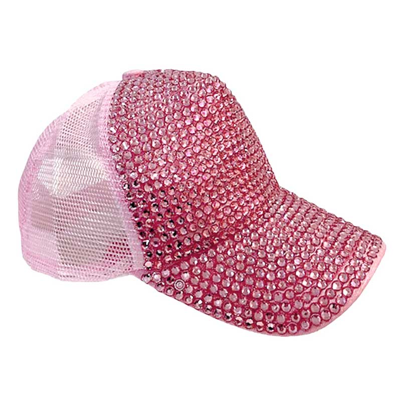 Pink Bling Studded Mesh Back Baseball Cap, Front panel studded and fashionable, back mesh fabric makes it breathable and comfortable. The perfect "Bling" hat to keep you stylish, comfortable and on-the-go gorgeous. Wearing this hat can also make your hair don’t cover your face and eyes, make you safe and more convenient in most outdoor activities. perfect for hiking, camping, and other sports. Ideal for summer, Also suit for hip hop dancing, rock and punk style.