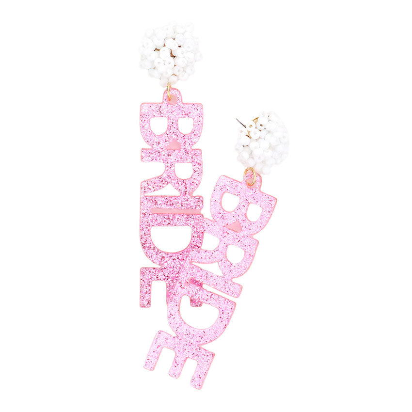 Pink Bride Glittered Message Dangle Earrings, put on a pop of color to complete your ensemble. Perfect for adding just the right amount of shimmer & shine and a touch of class to special events. Perfect Birthday Gift, Anniversary Gift, Mother's Day Gift, Thank you Gift.