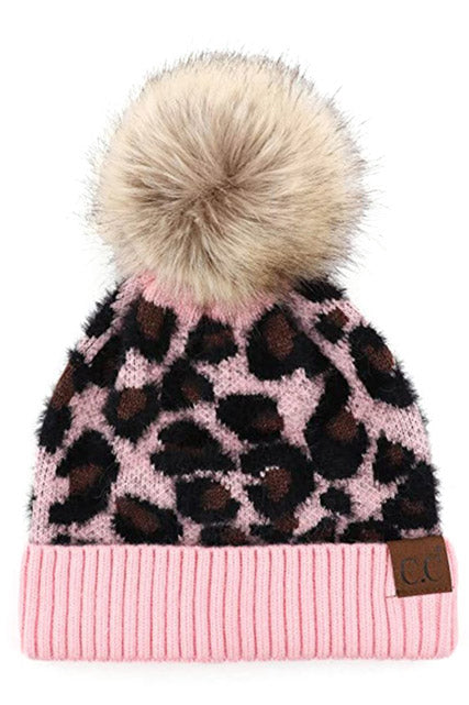 Leopard Patterned Beanie Hat, Plush Faux Fur Pom Pom Beanie Hat, Warm Winter Beanie Hat