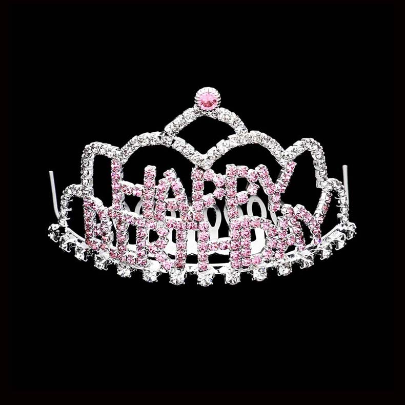 Pink Crystal Rhinestone Happy Birthday Mini Party Tiara. Turn any cake into a royal treat for your daughter's princess themed birthday party with this Tiara. Ideal for dolling up the guest of honor on her special day, this party tiara also makes a fun cake decoration. Add it to a gift for the birthday girl or lay it at her place setting to be donned right before she blows out the candles on her birthday cake.