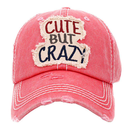 Pink Cute But Crazy Message Camouflage Vintage Baseball Cap. This adorable and classic cap combines both colourful styles to turn your head and comfort for your all-day wear. perfect to keep your hair away from you face while exercising, running, playing tennis or just taking a walk outside. Adjustable Velcro strap gives you the perfect fit.