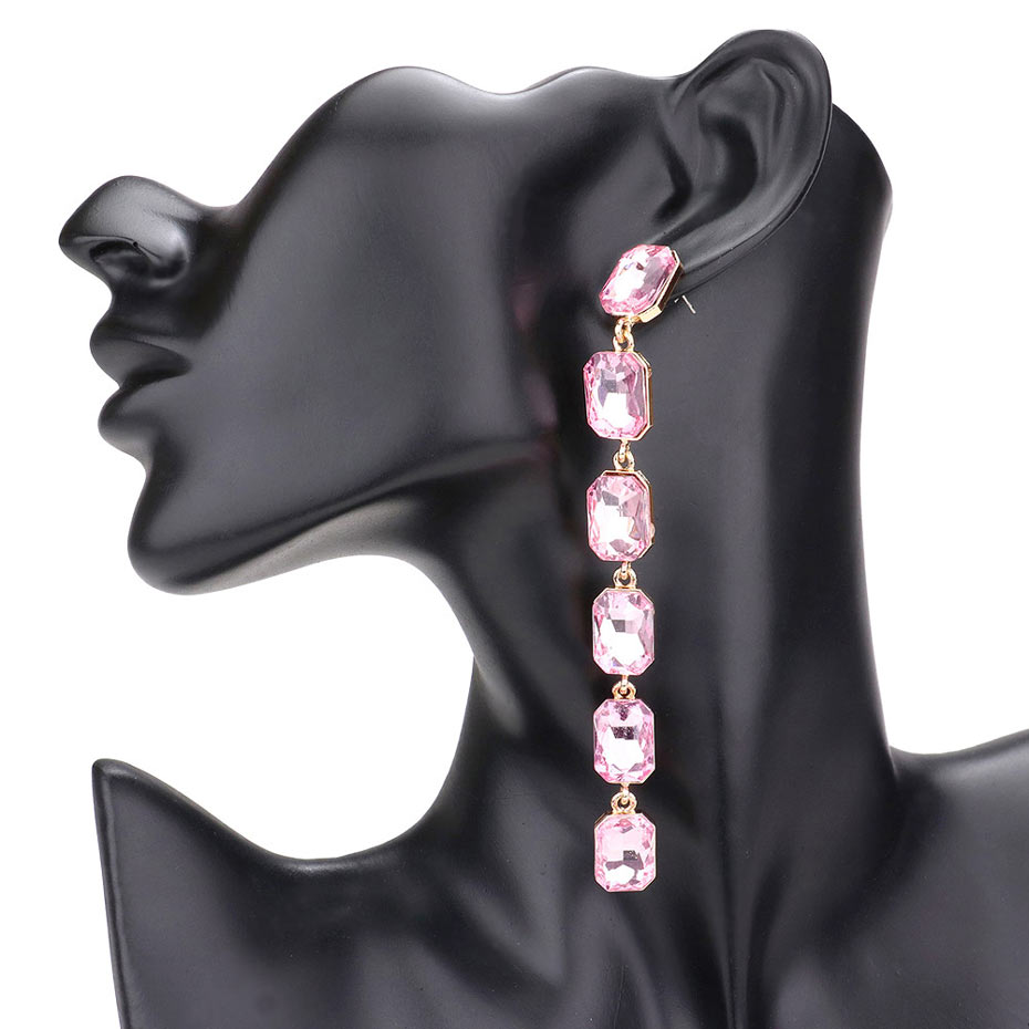Pink Emerald Cut Stone Link Dangle Evening Earrings, the beautifully crafted design adds a glow to any outfit, making your events more enjoyable. These evening dangle earrings make you extra special on occasion. These emerald-cut stone dangle earrings enhance your beauty and make you more attractive. 