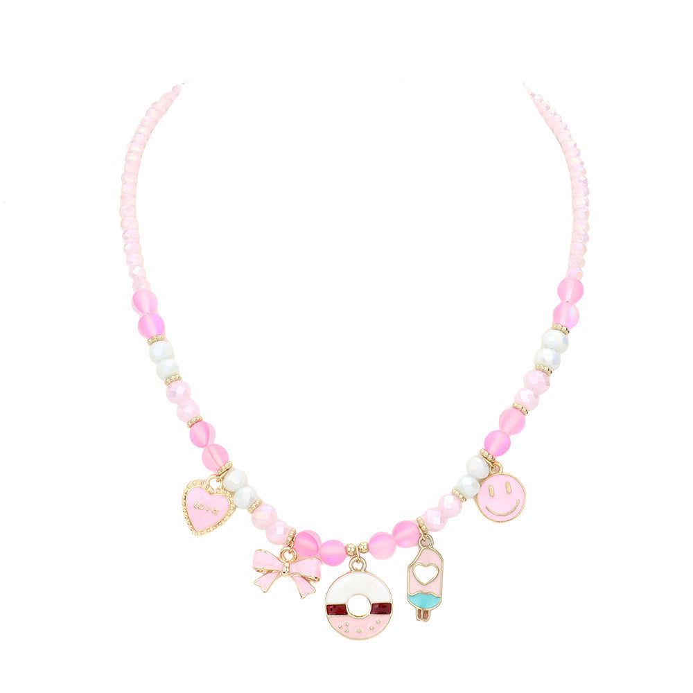 Pink Enamel Smile Heart Bag Bow Pendant Station Beaded Necklace, This beaded Necklace delicately polished will enhance your look, versatile enough for wearing straight through the week, perfectly lightweight for all-day wear, coordinate with any ensemble from business casual to everyday wear, the perfect addition to every outfit. Adds a touch of nature-inspired beauty to your look.